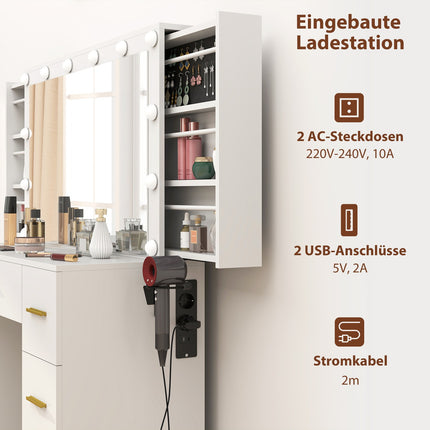 Schminktisch mit Spiegel, 12 LED-Leuchten, 7 Schubladen, Weiß