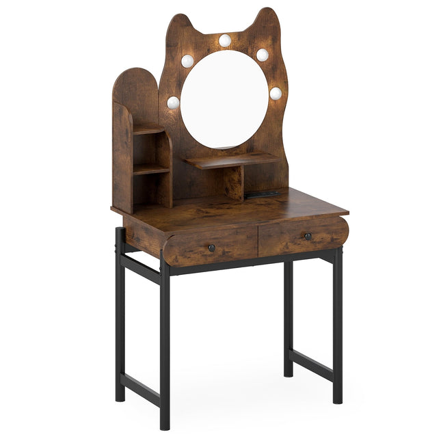 Coiffeuse avec miroir, éclairage LED et tiroirs, marron