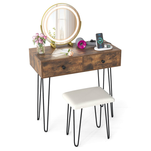 Coiffeuse avec miroir, éclairage, station de recharge et tabouret