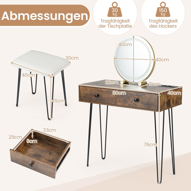 Coiffeuse avec miroir, éclairage, station de recharge et tabouret