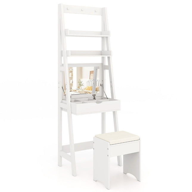 Coiffeuse avec miroir et tabouret, blanche, 60 x 40 x 180 cm