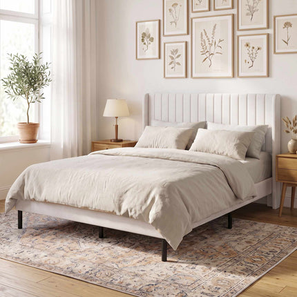 Velvet Bed Frame 140 x 200 cm with Adjustable Headboard, Beige, 12 Plywood Slats