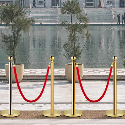 Velvet Rope Stanchion Set, Gold Posts, 5 Ft Red Rope, 4-Pack