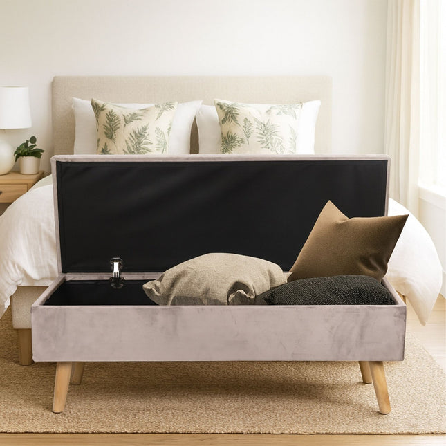 Banc de rangement en velours avec pieds en eucalyptus