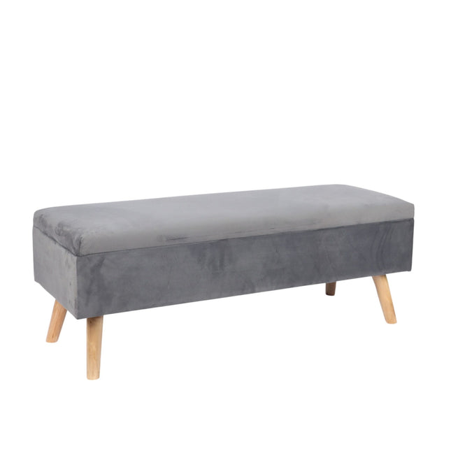 Banc de rangement en velours avec pieds en bois d'eucalyptus