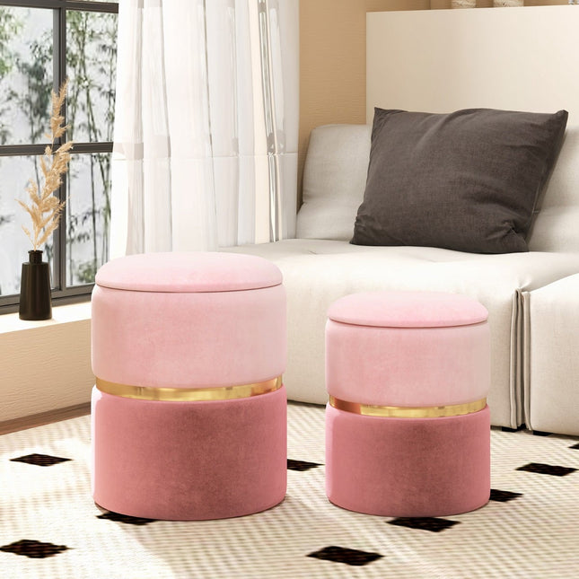 Ensemble de poufs de rangement en velours rose, capacité 32 L + 21 L