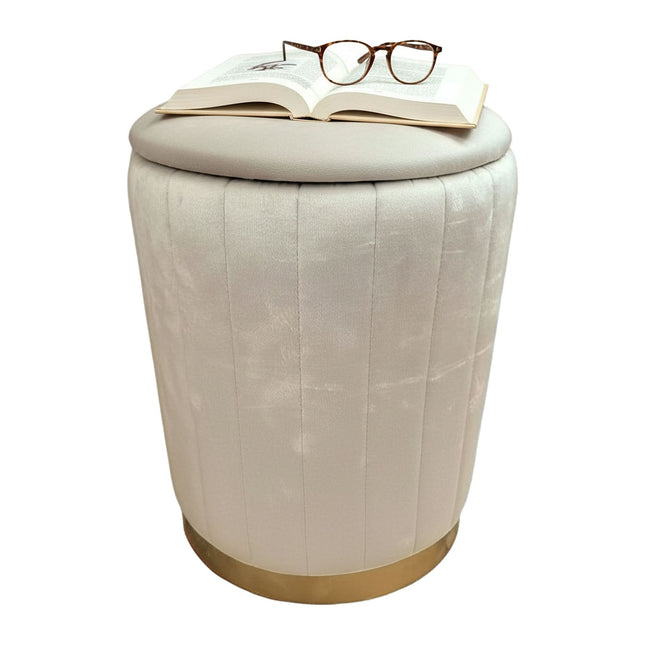 Tabouret de rangement en velours avec assise rembourrée et base dorée