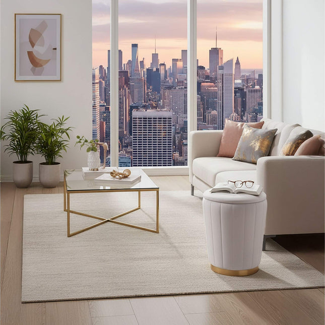 Tabouret de rangement en velours avec assise rembourrée et base dorée