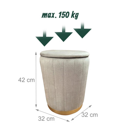 Tabouret de rangement en velours avec assise rembourrée et base dorée