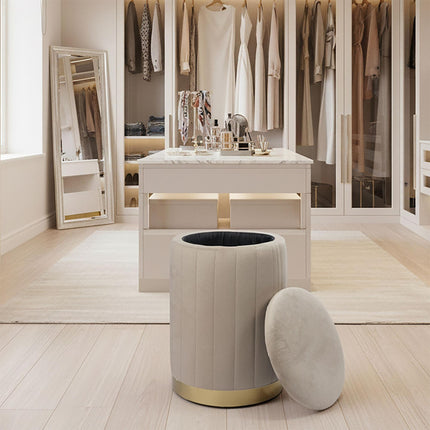 Tabouret de rangement en velours avec assise rembourrée et base dorée