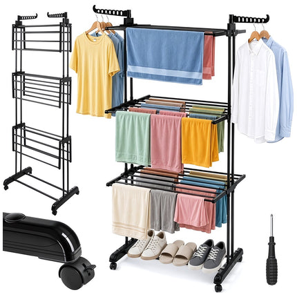 Vertical Clothes Dryer 178 cm with 3 Levels and Wheels, Foldable, Iron Frame