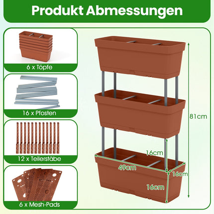 Vertikales Pflanzkasten-Set mit Drainage, 6-teilig, Braun