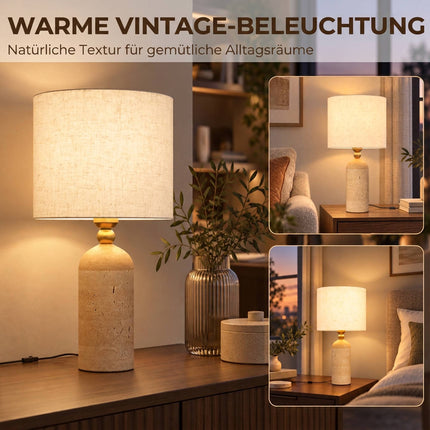 Vintage Table Lamp with Travertine Base, E27, Fabric Shade, 48 cm, Beige