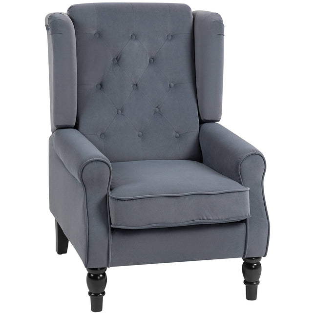Fauteuil à oreilles vintage capitonné, velours gris, 74 x 86 x 102 cm