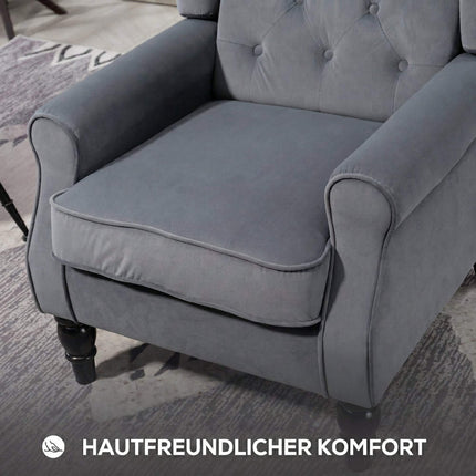 Fauteuil à oreilles vintage capitonné, velours gris, 74 x 86 x 102 cm