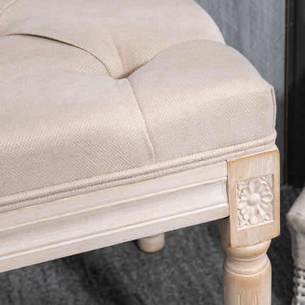 Beige upholstered vintage bench, linen look, 117x40x48Cm