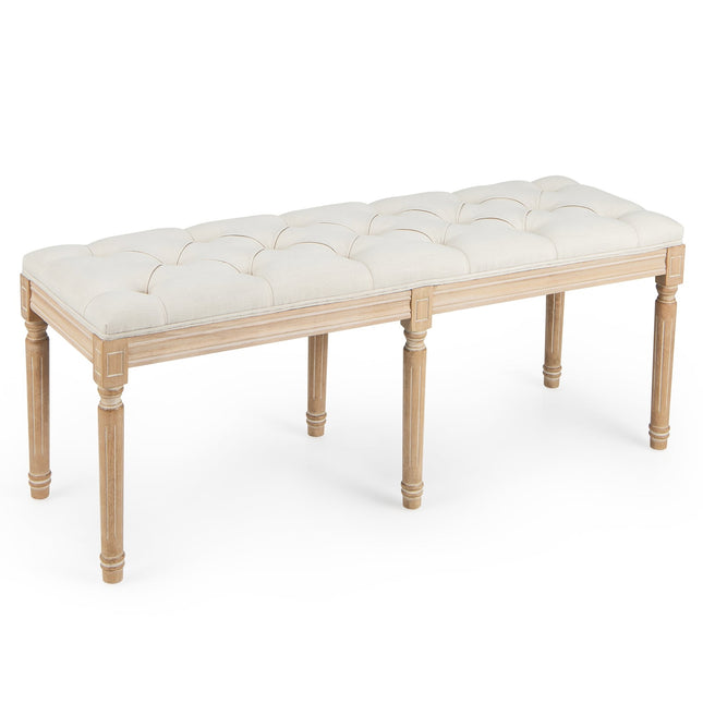 Banc vintage capitonné, 120 cm, pieds en hévéa, beige