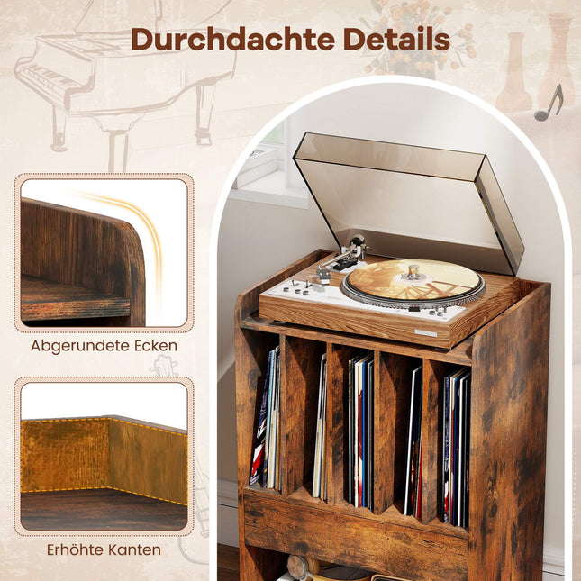 Table d'appoint pour tourne-disque vinyle avec rangement, tiroir et roulettes, marron
