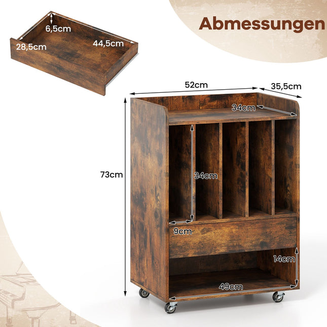 Table d'appoint pour tourne-disque vinyle avec rangement, tiroir et roulettes, marron
