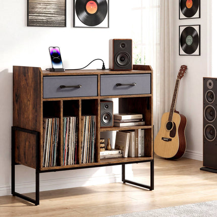 Support pour disques vinyles avec prises électriques et port USB, marron, style rétro