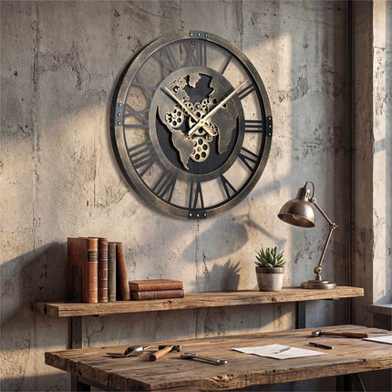 Horloge murale, carte du monde à engrenages de 68,5 cm (27 pouces), mouvement à quartz silencieux
