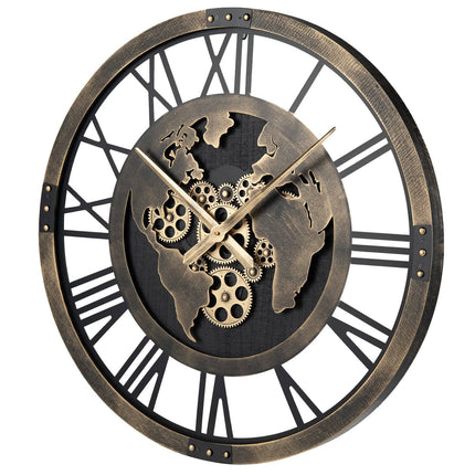 Horloge murale, carte du monde à engrenages de 68,5 cm (27 pouces), mouvement à quartz silencieux