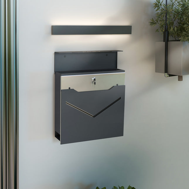 Anthrazitfarbener Wandbriefkasten, Sichtfenster, Zeitungsfach