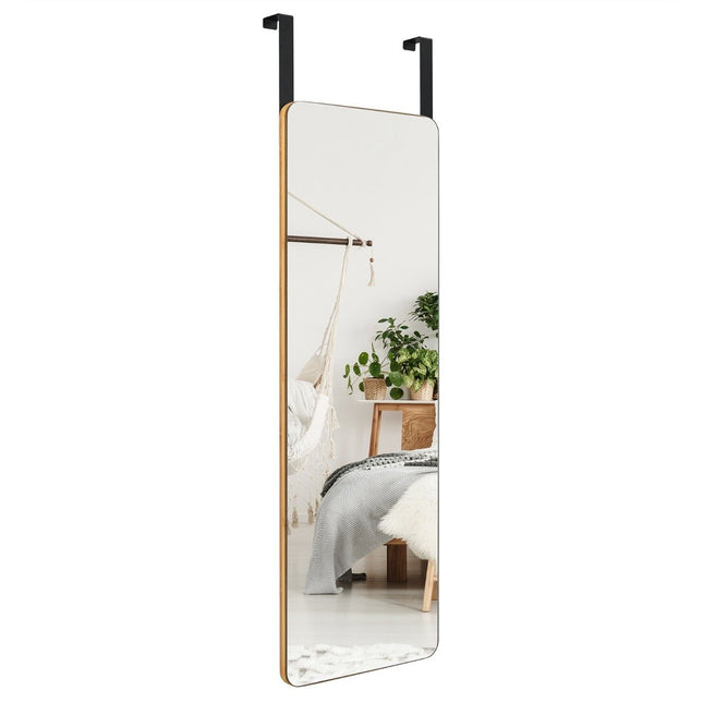 Miroir mural avec cadre en bambou, coins arrondis, 2 crochets