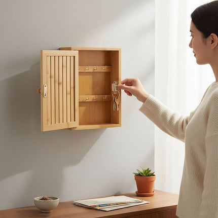 Bambus-Schlüsselschrank zur Wandmontage, 8 Haken, Magnettür