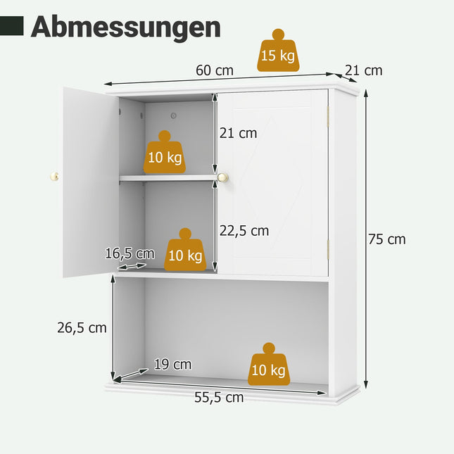 Wandmontierter Badezimmerschrank, 2-türig, verstellbarer Einlegeboden, Weiß