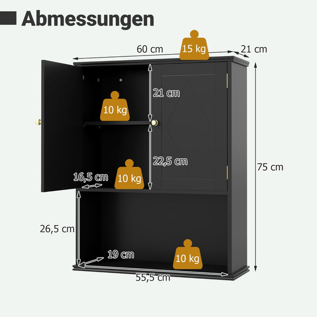 Wandbadezimmerschrank, Schwarz, 2 Türen, verstellbarer Einlegeboden