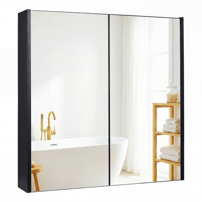 Wandmontierter Badezimmerschrank mit Spiegeltüren, Schwarz, MDF