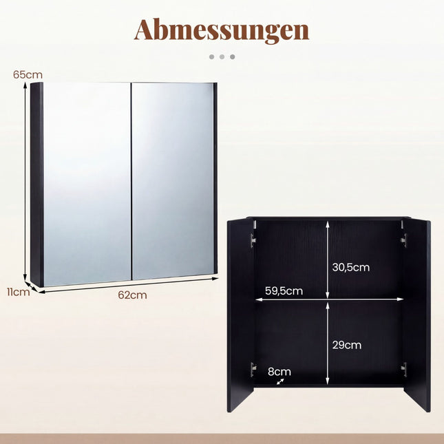 Wandmontierter Badezimmerschrank mit Spiegeltüren, Schwarz, MDF