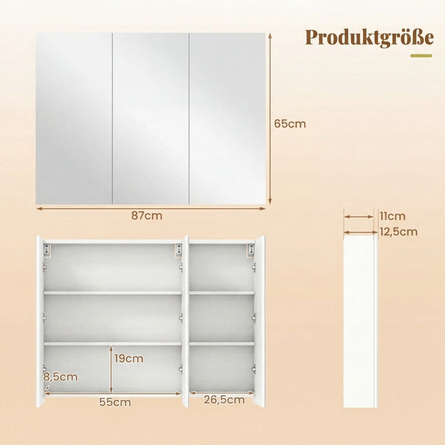 Wandmontierter Badezimmerspiegelschrank, 87 cm, 3 Türen, 6 Einlegeböden