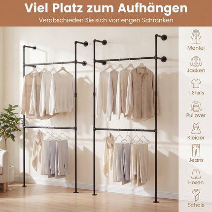 Wandmontierter Kleiderständer aus schwarzem Rohr mit 2 Stangen
