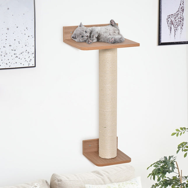 Wall mounted cat tree with sisal scratching post, natural
