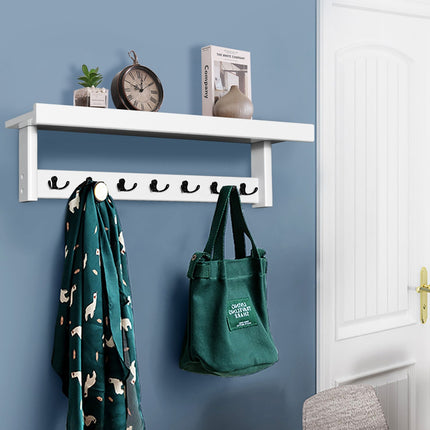Porte-manteau mural, 7 crochets doubles, étagère, bois d'hévéa
