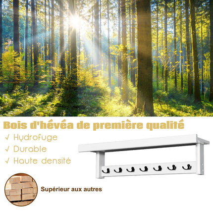Porte-manteau mural, 7 crochets doubles, étagère, bois d'hévéa
