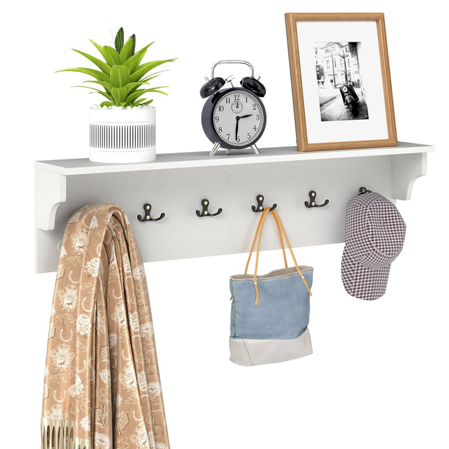 Porte-manteau mural avec étagère et 6 crochets, en bois blanc