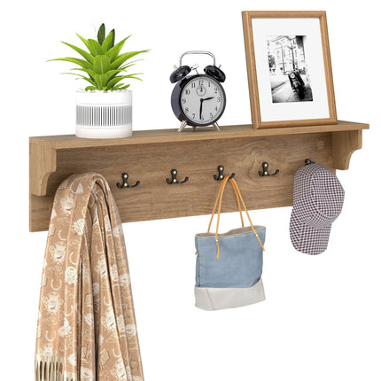 Porte-manteau mural avec étagère et 6 crochets, en bois