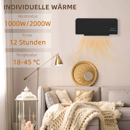 Chauffage électrique mural, noir, 2 modes, minuterie, affichage LED
