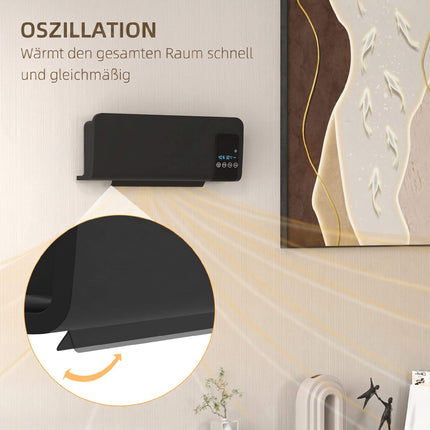 Chauffage électrique mural, noir, 2 modes, minuterie, affichage LED