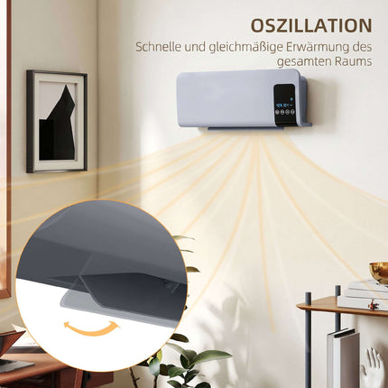 Chauffage électrique mural, gris, 2 modes, minuterie, affichage LED