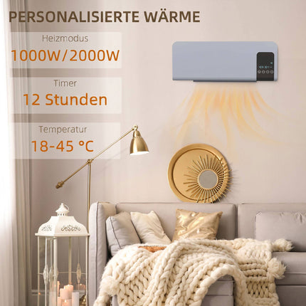 Chauffage électrique mural, gris, 2 modes, minuterie, affichage LED