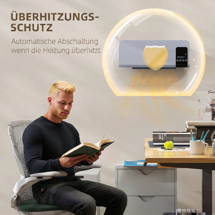 Chauffage électrique mural, gris, 2 modes, minuterie, affichage LED