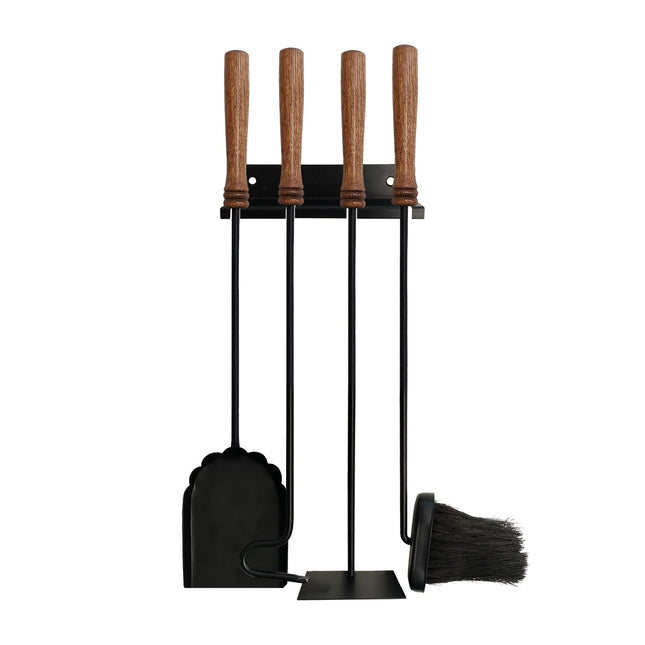 Ensemble d'outils pour cheminée murale, acier et bois, 5 pièces