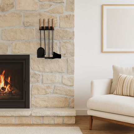 Ensemble d'outils pour cheminée murale, acier et bois, 5 pièces