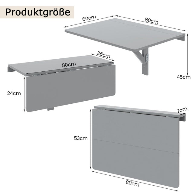 Bureau mural pliable, gain de place, 80 x 60 cm, gris