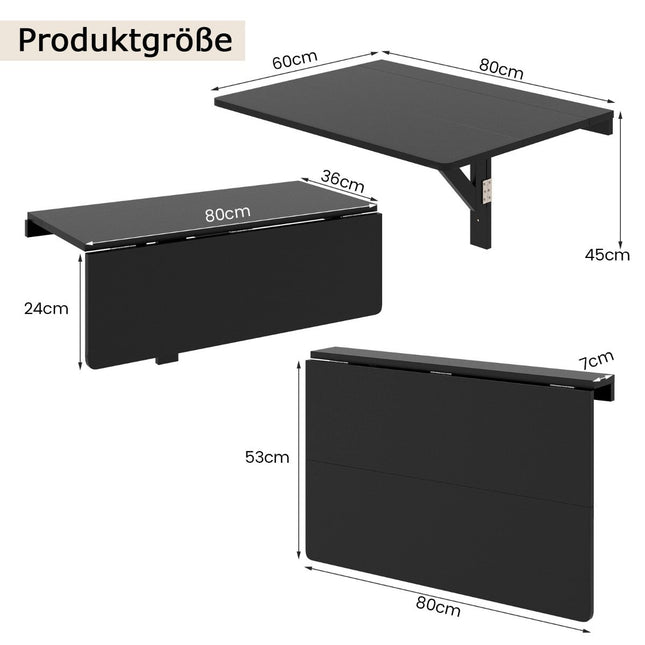 Table pliante murale, gain de place, table de cuisine, table murale pliante, 80x60 cm, noir