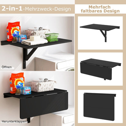Table pliante murale, gain de place, table de cuisine, table murale pliante, 80x60 cm, noir